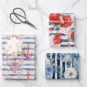 Blaue rote Anker Blumen Streifen Strand Geburtstag Geschenkpapier Set