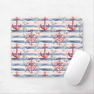 Blaue rote Anker Blumen Streifen Strand Mousepad