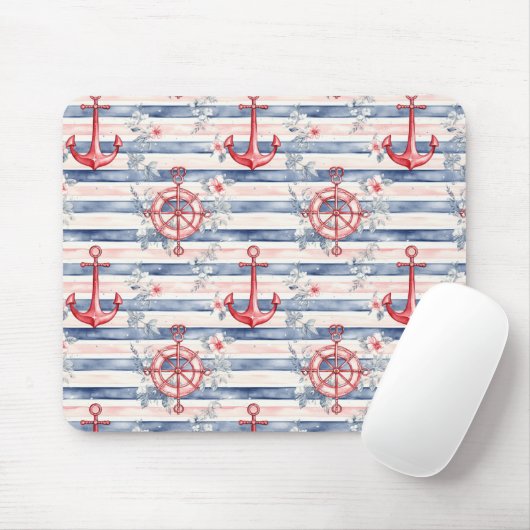 Blaue rote Anker Blumen Streifen Strand  Mousepad (Mit Mouse)