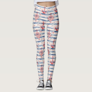 Blaue rote Anker Blumenstreifen Strand  Leggings