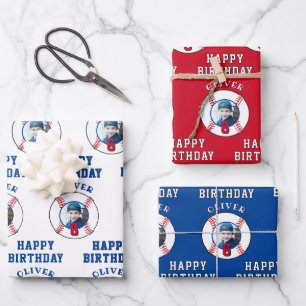 Blaue rote Baseball-Ball-Kinder-Geburtstagsfoto Geschenkpapier Set