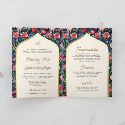 Blaue rote Blütenblume auf einer Hochzeit mit eine Einladung (Innenseite)