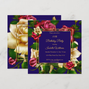 Blaue rote Creme-Rosen-Blumen-Gold-Geburtstagsfeie Einladung