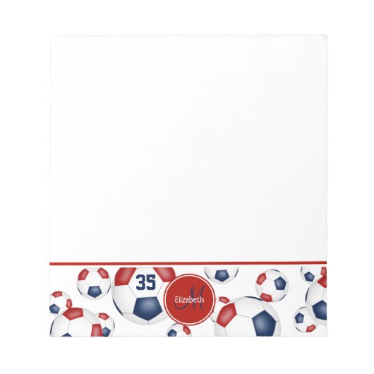 Blaue rote Fußbälle Muster Akzent Notizblock (Vorderseite)