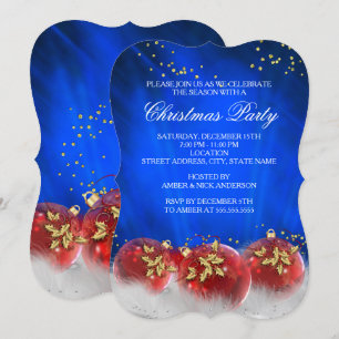 Blaue Rote Goldene Kugeln Weiße Weihnachtsfeier Einladung