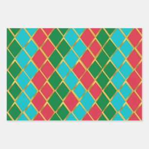 Blaue Rote Grüne Goldene Diamantmuster Geschenkpapier Set