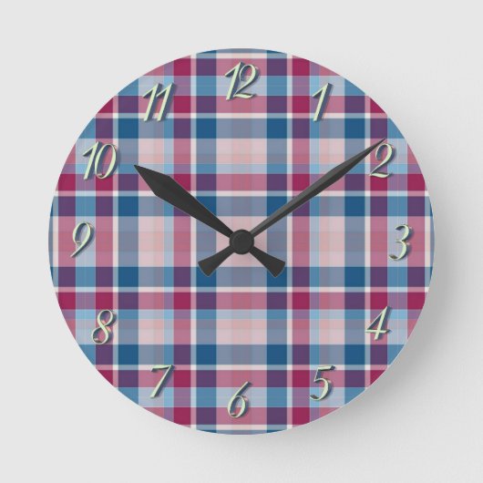 Blaue rote klassische Karos Runde Wanduhr (Vorderseite)