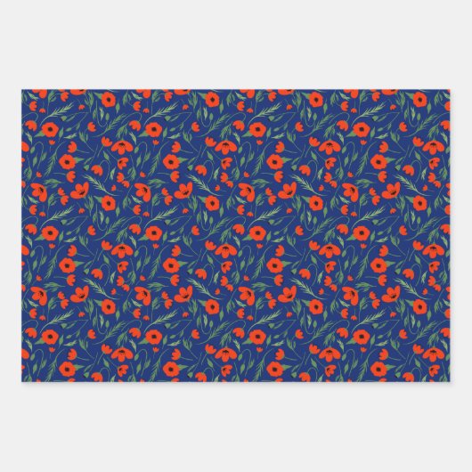 Blaue rote Pflaumen, gemischte Blumenmuster und Po Geschenkpapier Set (Vorderseite)