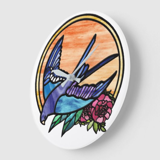 Blaue rote Rose und Farbglas Große Wanduhr (Winkel)