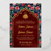 Blaue Rote Rosen Blumenmuslime Hochzeit Gold Folieneinladung (Vorderseite)