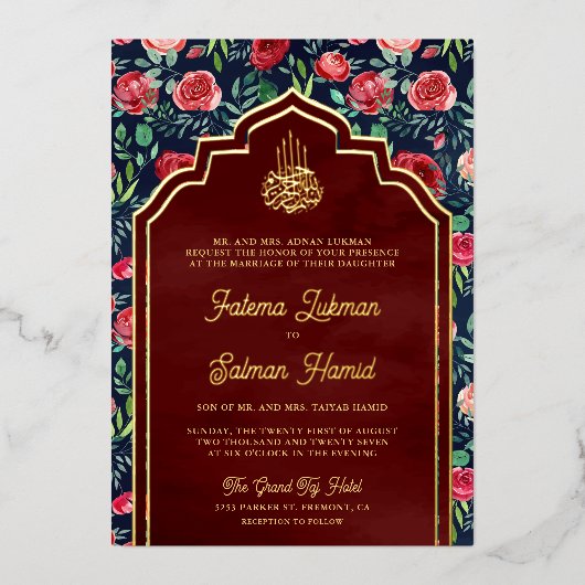 Blaue Rote Rosen Blumenmuslime Hochzeit Gold Folieneinladung (Vorderseite)