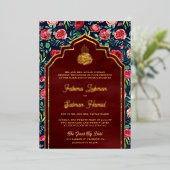 Blaue Rote Rosen Blumenmuslime Hochzeit Gold Folieneinladung (Stehend vorne)
