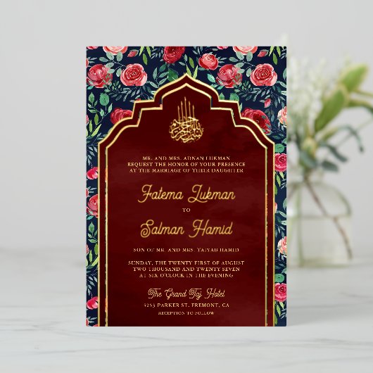 Blaue Rote Rosen Blumenmuslime Hochzeit Gold Folieneinladung (Stehend vorne)