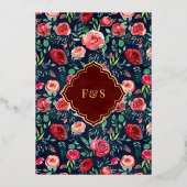 Blaue Rote Rosen Blumenmuslime Hochzeit Gold Folieneinladung (Rückseite)