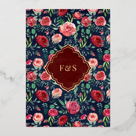 Blaue Rote Rosen Blumenmuslime Hochzeit Gold Folieneinladung (Rückseite)