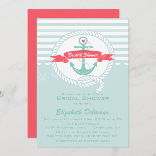 Blaue rote Rustikale Brautdusche Einladung (Vorne/Hinten)