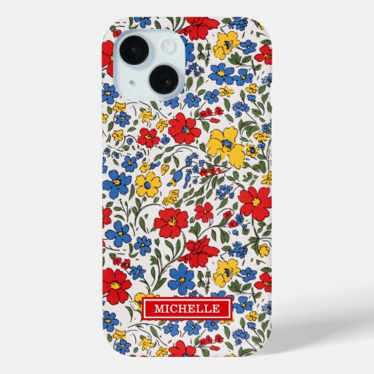 Blaue rote und gelbe Ditsy-Blumen monogrammiert Case-Mate iPhone Hülle (Rückseite)
