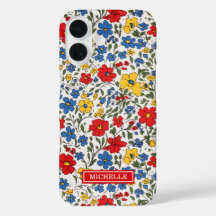 Blaue rote und gelbe Ditsy-Blumen monogrammiert