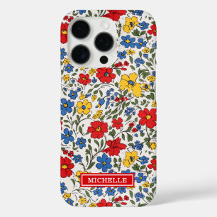 Blaue rote und gelbe Ditsy-Blumen monogrammiert iPhone 16 Pro Hülle