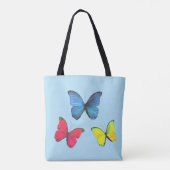 Blaue rote und gelbe Schmetterlinge auf hellblauen Tasche (Rückseite)