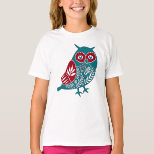 Blaue rote Vintage-Eule-Vogel T-Shirt