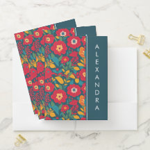 Blaue & rote Vintage-Wildblumen & Blätter Muster