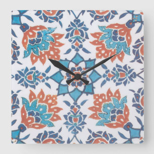 Blaue rote weiße Vintage-Blumenkunstfliese Quadratische Wanduhr