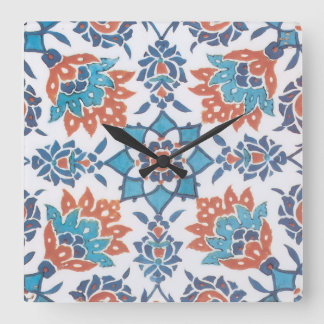 Blaue rote weiße Vintage-Blumenkunstfliese Quadratische Wanduhr