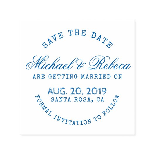 Blaue Rundtypografie Rustikale Save the Date Hochz Permastempel (Design)