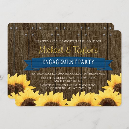BLAUE RUSTIC SUNFLOWER ENGAGEMENT PARTEI EINLADUNG (Vorne/Hinten)
