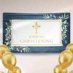Blaue rustikale Blätter Goldkreuz Taufe Banner