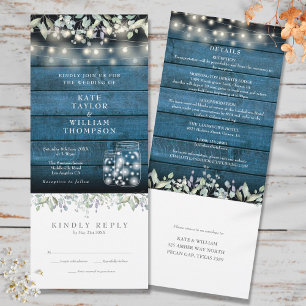 Blaue Rustikale Blattmuster-Mason-Gläser Hochzeit Einladung