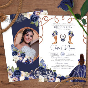 Blaue rustikale Blumen-Charro-Foto-Quinceañera Einladung