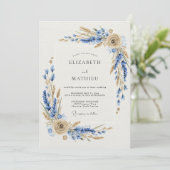 Blaue Rustikale Botanische Hochzeit Einladung (Stehend Vorderseite)