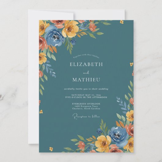 Blaue Rustikale Florale Hochzeitsromantik Einladung (Vorderseite)
