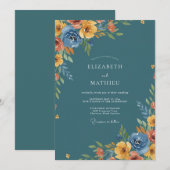 Blaue Rustikale Florale Hochzeitsromantik Einladung (Vorne/Hinten)