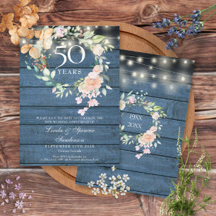 Blaue Rustikale Florale Lichterkette zum 50. Jubil Save The Date
