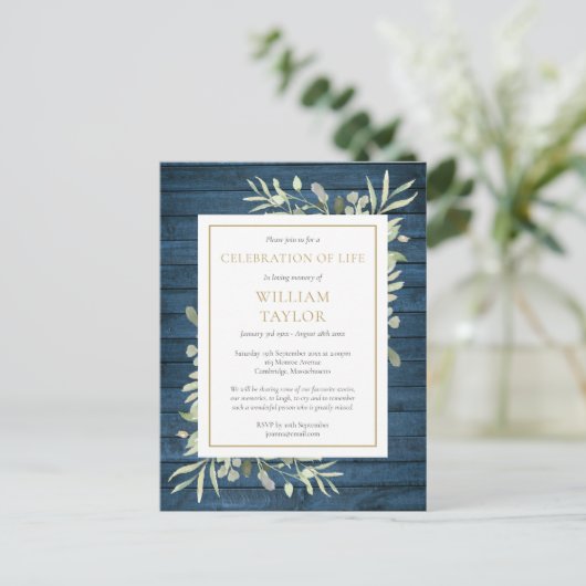 Blaue Rustikale Foliage Beerdigung des Lebens Beer Ankündigungspostkarte (Stehend Vorderseite)