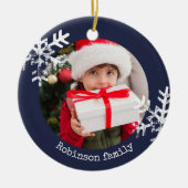 Blaue Rustikale Fotos Schneeflocken Keramik Ornament (Vorne)