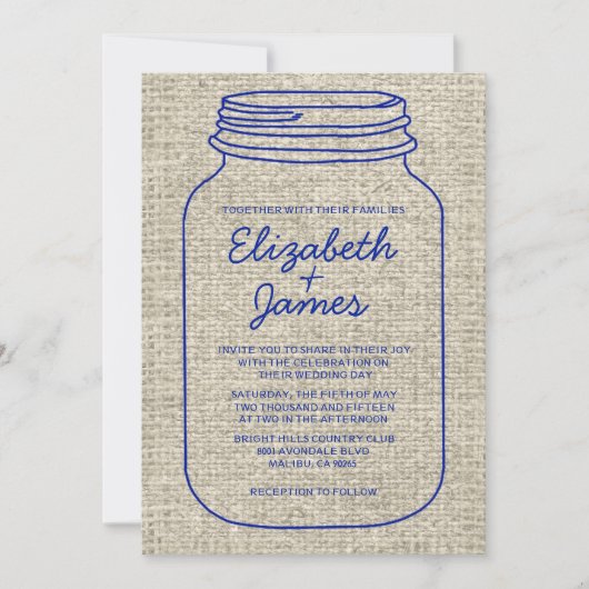 Blaue Rustikale Glas-Einmachgläser Hochzeits Einla Einladung (Vorderseite)
