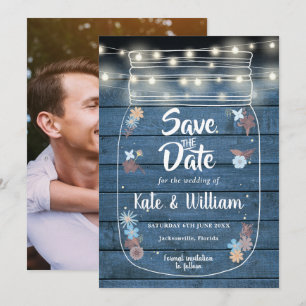 Blaue Rustikale Glas-Lichterkette mit Blumenfoto Save The Date
