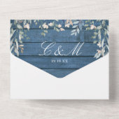 Blaue Rustikale Holz Blumengrün Kaskade Hochzeit All In One Einladung (Rückseite)
