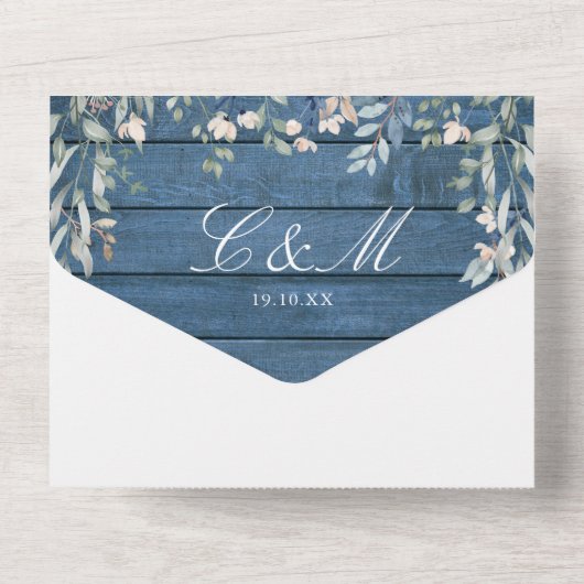 Blaue Rustikale Holz Blumengrün Kaskade Hochzeit All In One Einladung (Rückseite)