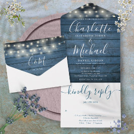 Blaue Rustikale Holz-Lichterkette Hochzeit All In One Einladung