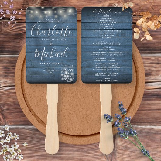 Blaue Rustikale Holz-Lichterkette Hochzeitsprogram Fächer