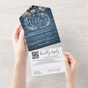 Blaue Rustikale Holz-Lichterkette QR-Code Hochzeit All In One Einladung