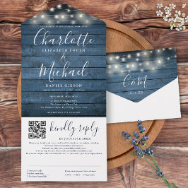 Blaue Rustikale Holz-Lichterkette QR-Code Hochzeit All In One Einladung