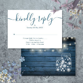 Blaue Rustikale Holz-Lichterkette Skript Hochzeit RSVP Karte