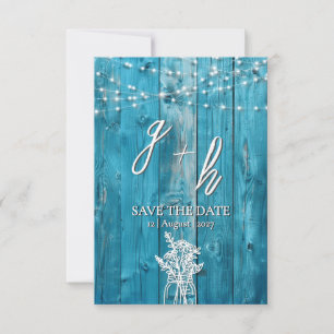 Blaue Rustikale Holz-Lichterkette zur Hochzeitsein Save The Date
