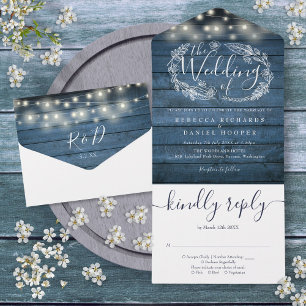 Blaue Rustikale Holz-Lichterketten Blumen Hochzeit All In One Einladung